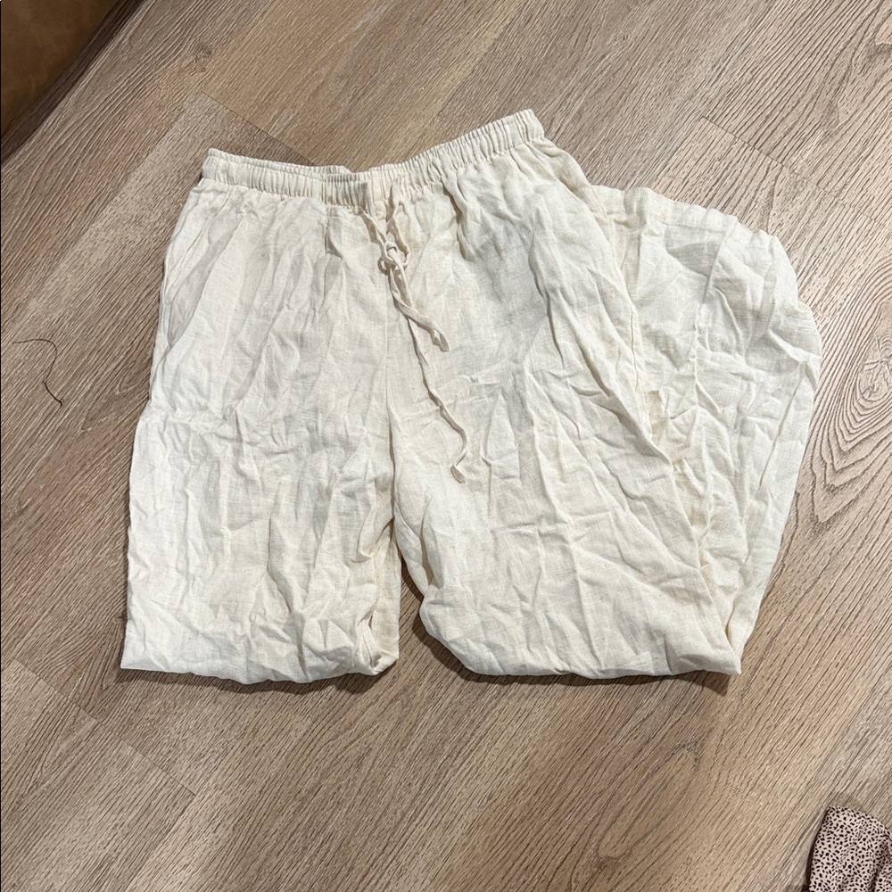 Women's Cream Linen-Blend Drawstring Pants